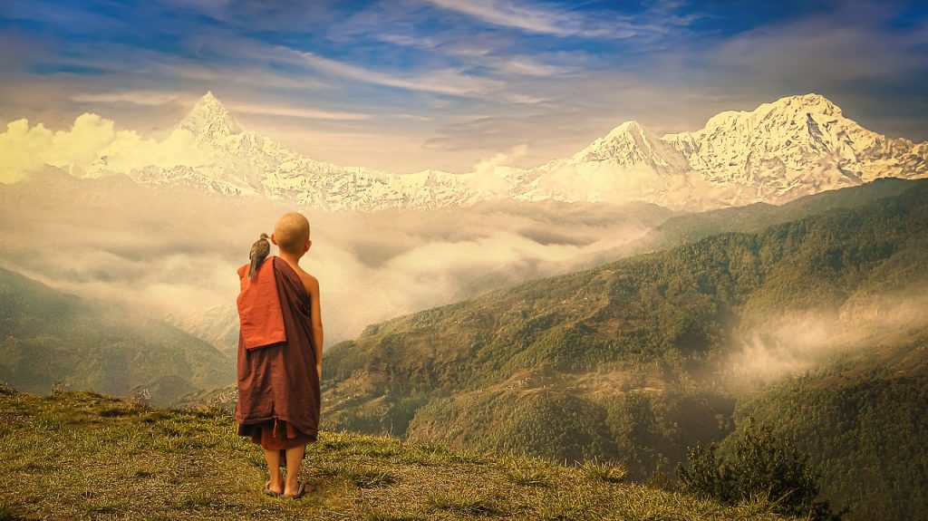 monk, mountains, child