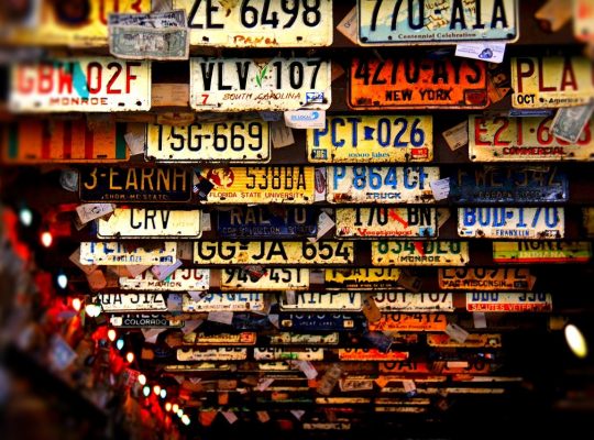 license plates, ceiling, bar